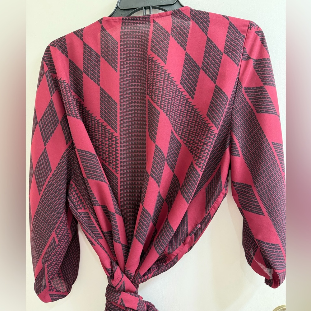 Manaola Sheer Maroon and Black Tie-Front Blouse - Picture 3 of 4